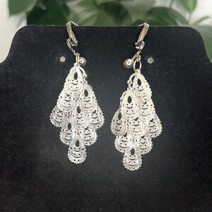 Bohemian Silver Tone Ornate Feather Dangle Clip-On Earrings